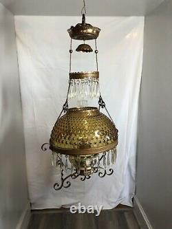 Dated 1892 Victorian Hanging Parlor Oil Lamp With Prisms & Amber Hobnail Shade