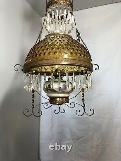 Dated 1892 Victorian Hanging Parlor Oil Lamp With Prisms & Amber Hobnail Shade