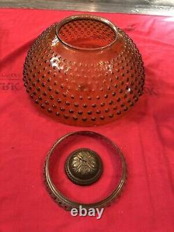 Dated 1892 Victorian Hanging Parlor Oil Lamp With Prisms & Amber Hobnail Shade