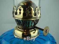Decorative Victorian Oil Lamp Cast Base Figural Design & Moulded Blue Glass Font