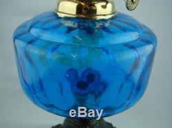 Decorative Victorian Oil Lamp Cast Base Figural Design & Moulded Blue Glass Font