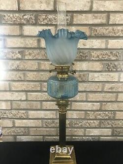 Duplex GWTW Sapphire Blue Glass Oil Lamp Corinthian Column Banquet Lamp Parlor