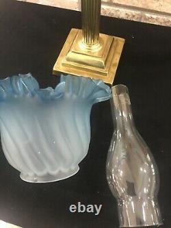 Duplex GWTW Sapphire Blue Glass Oil Lamp Corinthian Column Banquet Lamp Parlor
