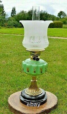 Duplex Oil Lamp. Green Hand Painted Font. Brass & Ceramic Base. Falks Burner