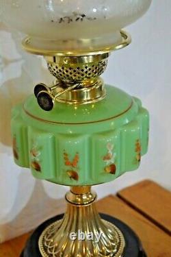 Duplex Oil Lamp. Green Hand Painted Font. Brass & Ceramic Base. Falks Burner