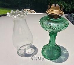 EAPG BEADED SCROLL Oil Lamp Green Glass with Org #1 Burner & Pie Crust Chimney