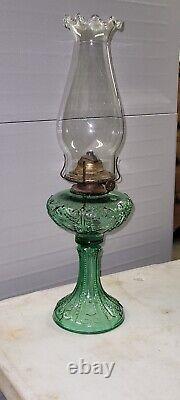 EAPG BEADED SCROLL Oil Lamp Green Glass with Org #1 Burner & Pie Crust Chimney