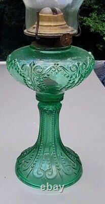 EAPG BEADED SCROLL Oil Lamp Green Glass with Org #1 Burner & Pie Crust Chimney