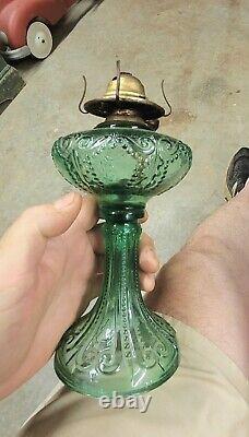 EAPG BEADED SCROLL Oil Lamp Green Glass with Org #1 Burner & Pie Crust Chimney