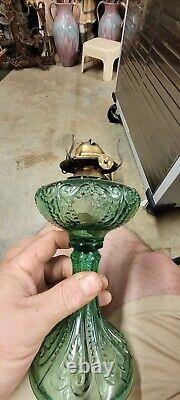 EAPG BEADED SCROLL Oil Lamp Green Glass with Org #1 Burner & Pie Crust Chimney