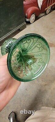 EAPG BEADED SCROLL Oil Lamp Green Glass with Org #1 Burner & Pie Crust Chimney