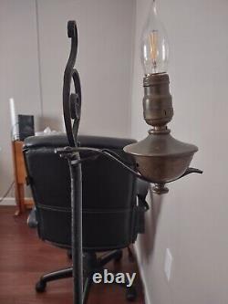 Early 1900 Wrought Iron 52 Electric Swivel Oil Lamp Style Bridge Arm Floor Lamp