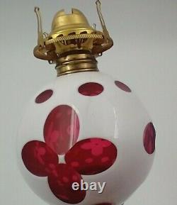 Early Antique White Overlay to Cranberry Ruby Red Oil Lamp Marble Base