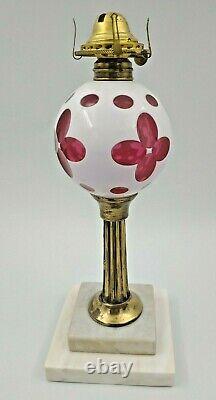 Early Antique White Overlay to Cranberry Ruby Red Oil Lamp Marble Base