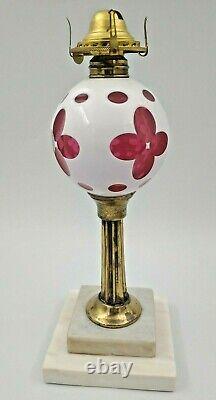 Early Antique White Overlay to Cranberry Ruby Red Oil Lamp Marble Base