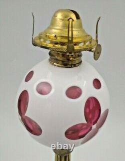 Early Antique White Overlay to Cranberry Ruby Red Oil Lamp Marble Base