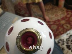 Early Antique White Overlay to Cranberry Ruby Red Oil Lamp Marble Base