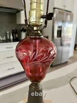 Early Victorian Ruby Wheel Cut Glass Lamp Converted Oil Lamp MCM Vintage