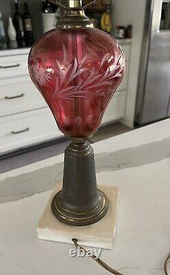 Early Victorian Ruby Wheel Cut Glass Lamp Converted Oil Lamp MCM Vintage