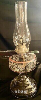 Etched glass pedestal base with Clear shade oil lamp