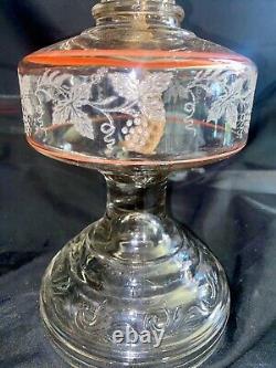 Etched glass pedestal base with Clear shade oil lamp