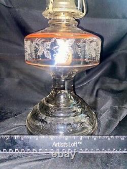 Etched glass pedestal base with Clear shade oil lamp