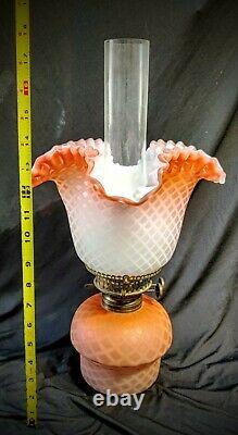 Exceptionally rare mother of pearl Victorian GWTW parlor oil lamp shade & font