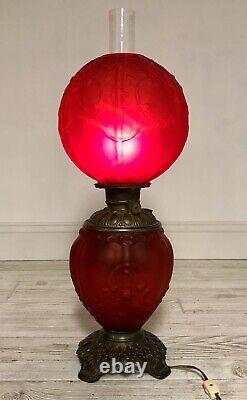 Exquisite Antique Red Satin Oil Lamp Scroll & Chrysanthemum / Electrified /b