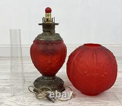 Exquisite Antique Red Satin Oil Lamp Scroll & Chrysanthemum / Electrified /b