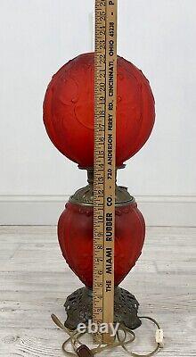 Exquisite Antique Red Satin Oil Lamp Scroll & Chrysanthemum / Electrified /b