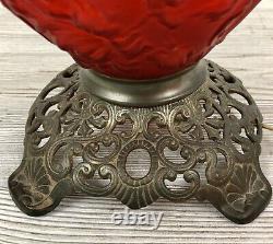 Exquisite Antique Red Satin Oil Lamp Scroll & Chrysanthemum / Electrified /b