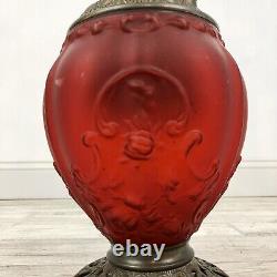 Exquisite Antique Red Satin Oil Lamp Scroll & Chrysanthemum / Electrified /b