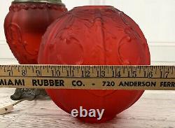 Exquisite Antique Red Satin Oil Lamp Scroll & Chrysanthemum / Electrified /b