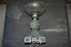 FINE Circa 1870 ANTIQUE 4 FACES PEWTER FINISHED KEROSENE 19thc Parlor OIL LAMP