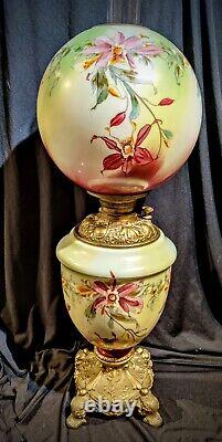 Fabulous 26 Pink & Yellow Orchids Antique Gone Wind GWTW parlor oil lamp