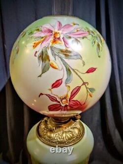 Fabulous 26 Pink & Yellow Orchids Antique Gone Wind GWTW parlor oil lamp