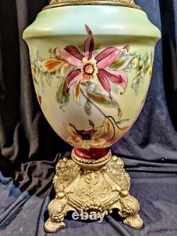 Fabulous 26 Pink & Yellow Orchids Antique Gone Wind GWTW parlor oil lamp