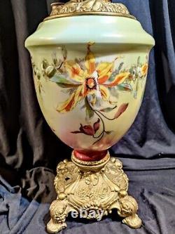 Fabulous 26 Pink & Yellow Orchids Antique Gone Wind GWTW parlor oil lamp