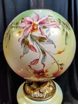 Fabulous 26 Pink & Yellow Orchids Antique Gone Wind GWTW parlor oil lamp