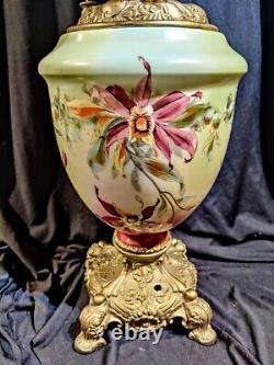 Fabulous 26 Pink & Yellow Orchids Antique Gone Wind GWTW parlor oil lamp