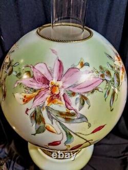 Fabulous 26 Pink & Yellow Orchids Antique Gone Wind GWTW parlor oil lamp