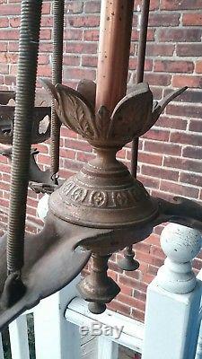Fabulous Antique Cast Iron 3 Arm Hanging Kerosene Oil Lamp Chandelier Pull Down
