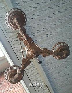 Fabulous Antique Cast Iron 3 Arm Hanging Kerosene Oil Lamp Chandelier Pull Down