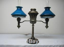 Fabulous Double Tiffany Student Lamp With A Matched Pr. Of Blue Period Shades