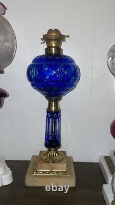 Fantastic Sandwich Glass Overlay Oil Lamp Blue Cut To Clear. 1870 Matching Stem