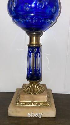 Fantastic Sandwich Glass Overlay Oil Lamp Blue Cut To Clear. 1870 Matching Stem