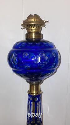 Fantastic Sandwich Glass Overlay Oil Lamp Blue Cut To Clear. 1870 Matching Stem