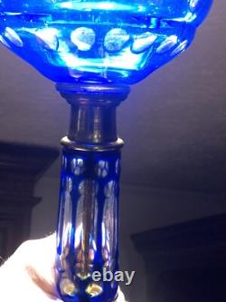 Fantastic Sandwich Glass Overlay Oil Lamp Blue Cut To Clear. 1870 Matching Stem