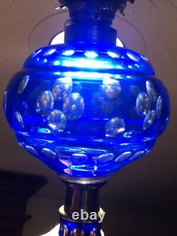 Fantastic Sandwich Glass Overlay Oil Lamp Blue Cut To Clear. 1870 Matching Stem