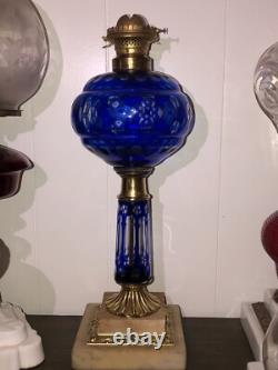 Fantastic Sandwich Glass Overlay Oil Lamp Blue Cut To Clear. 1870 Matching Stem